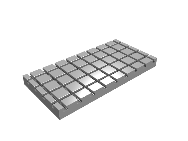 3D render of a rectangular T-slot platter showing bright surface reflections.