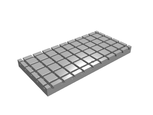 3D render of a long rectangular T-slotted subplate under direct studio lighting.