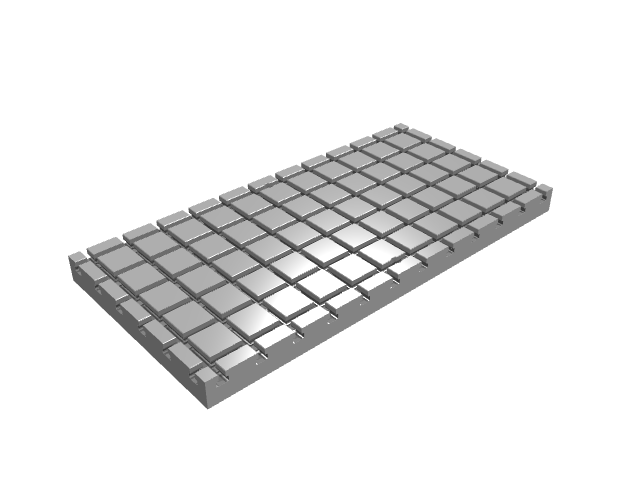 3D render of a long, extended rectangular fixture plate with a wide T-slot grid layout.