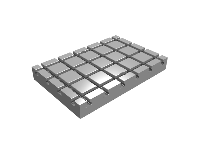 3D render of a rectangular subplate with an integrated T-slot grid.