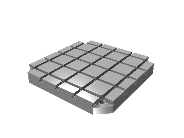 3D render of a thick square subplate featuring an integrated T-slot grid.