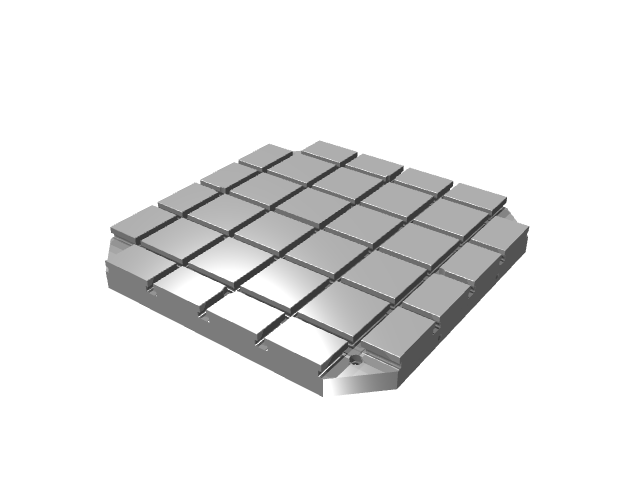 3D render of a square T-slotted fixture platter showing a reflective metallic finish.