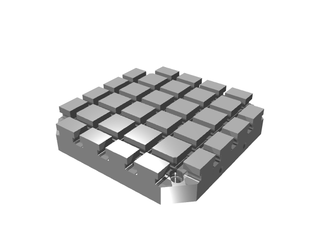 3D render of a thick square subplate featuring an integrated T-slot grid.
