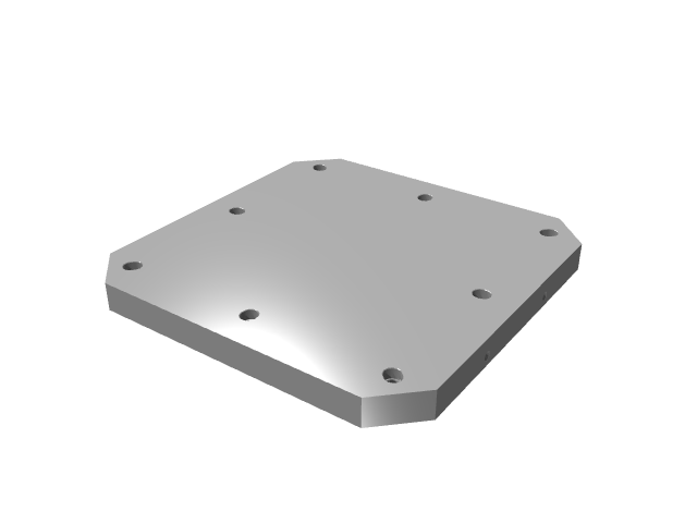 3D render of a square subplate with filleted corners and corner holes.