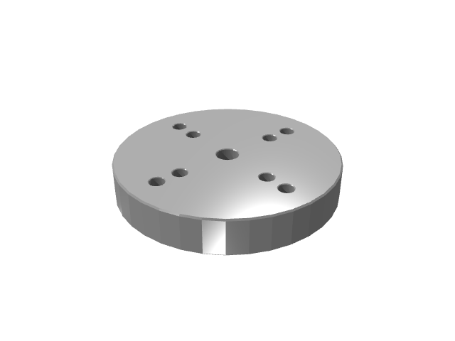 3D render of a thick, simple round fixture plate with a center hole.