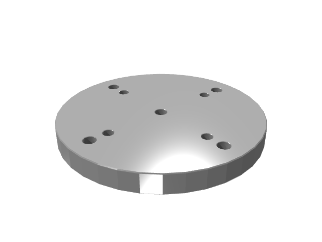 3D render of a low-profile round plate with simple four-hole spacing.
