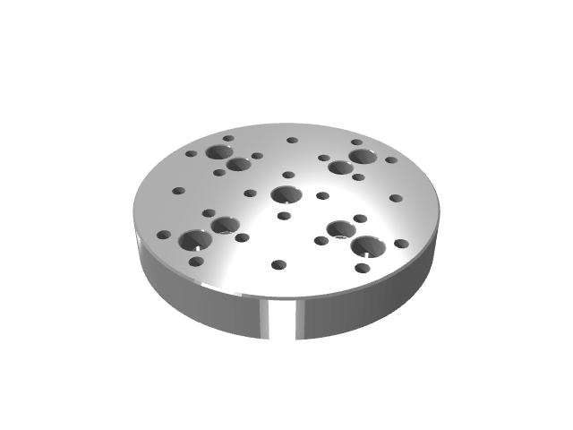 3D render of a round grid plate with clustered multi-size counterbored holes.