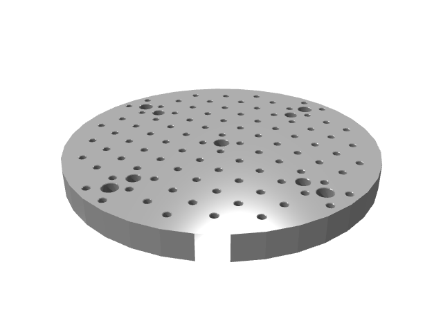 3D render of a round modular plate featuring an extensive multi-hole precision grid.