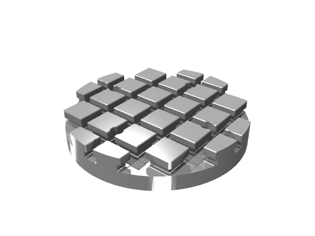 3D render of a thick round T-slotted fixture platter with distinctive side alignment notches.