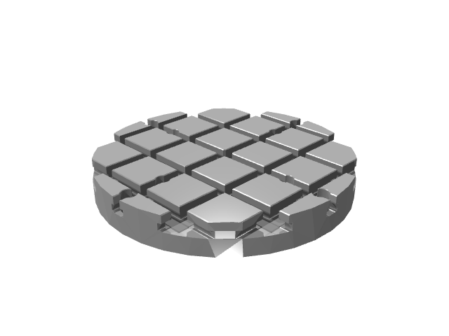 3D render of a round T-slotted grid subplate shown from a lower angular perspective.