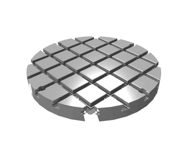3D render of a large round fixture plate featuring a fine-pitch T-slot grid pattern.