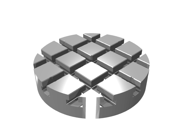 3D render of a thick round industrial subplate with coarse T-slots.