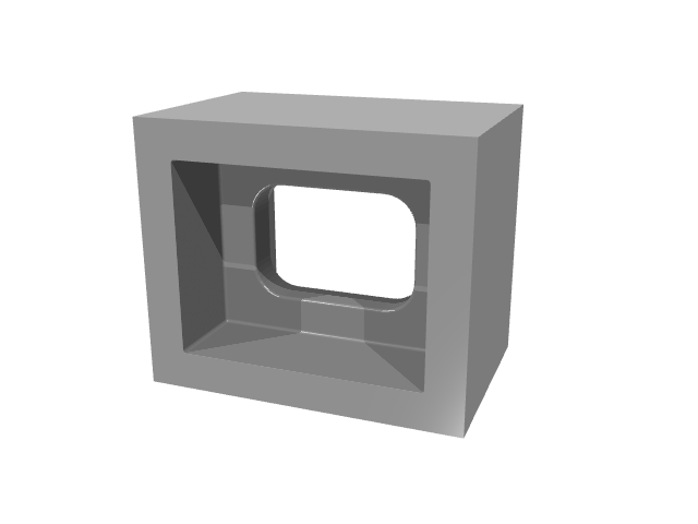 3D render of a heavy rectangular block featuring a center window cutout with filleted corners.