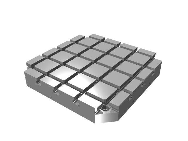 3D render of a low-profile, square subplate featuring an integrated T-slot grid.