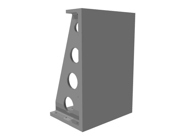 A 3D digital model render of a heavy, vertical industrial angle plate fixture.