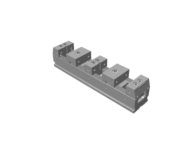 Grey 3D render of a long linear vise fixture base with multiple clamping blocks.
