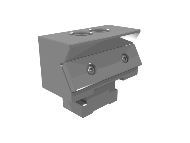 Grey 3D render of a modular clamping mechanism with an angled jaw assembly and twin top openings.