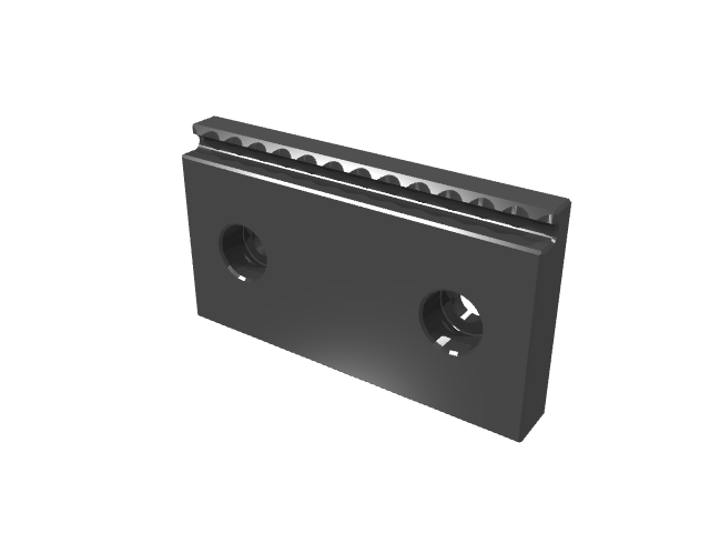 3D render of a black vise jaw with fine serrations along the top edge profile.