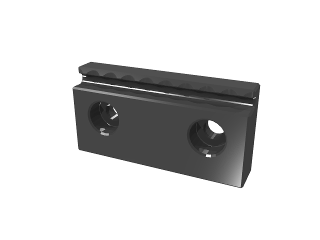 3D render of a black stepped vise jaw with a serrated upper section.
