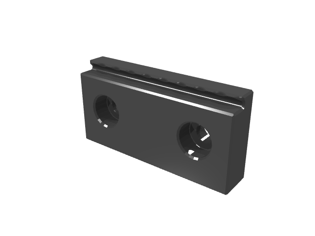 3D render of a smooth black stepped vise jaw with counterbored mounting holes.