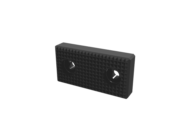 3D render of a rectangular black vise jaw with a textured serrated gripping face.
