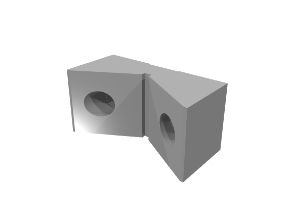 Grey 3D render of a dual-sided angled V-block mounting fixture with center circular cutouts.