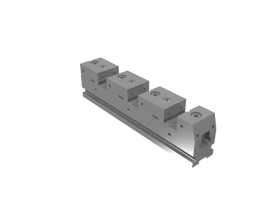 Grey 3D render of a long linear vise fixture base with multiple clamping blocks.