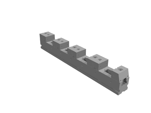Grey 3D render of a long, multi-station linear fixture base rail.