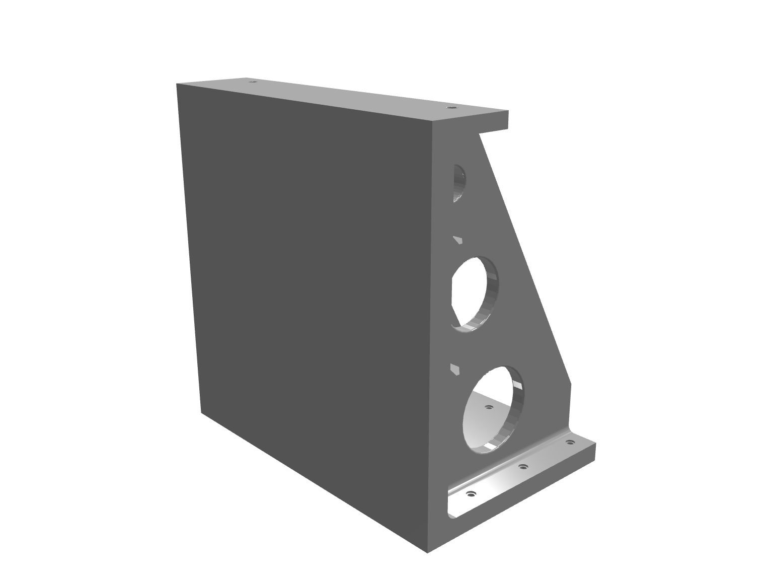 Grey 3D render of a wedge-shaped structural support bracket with side holes.
