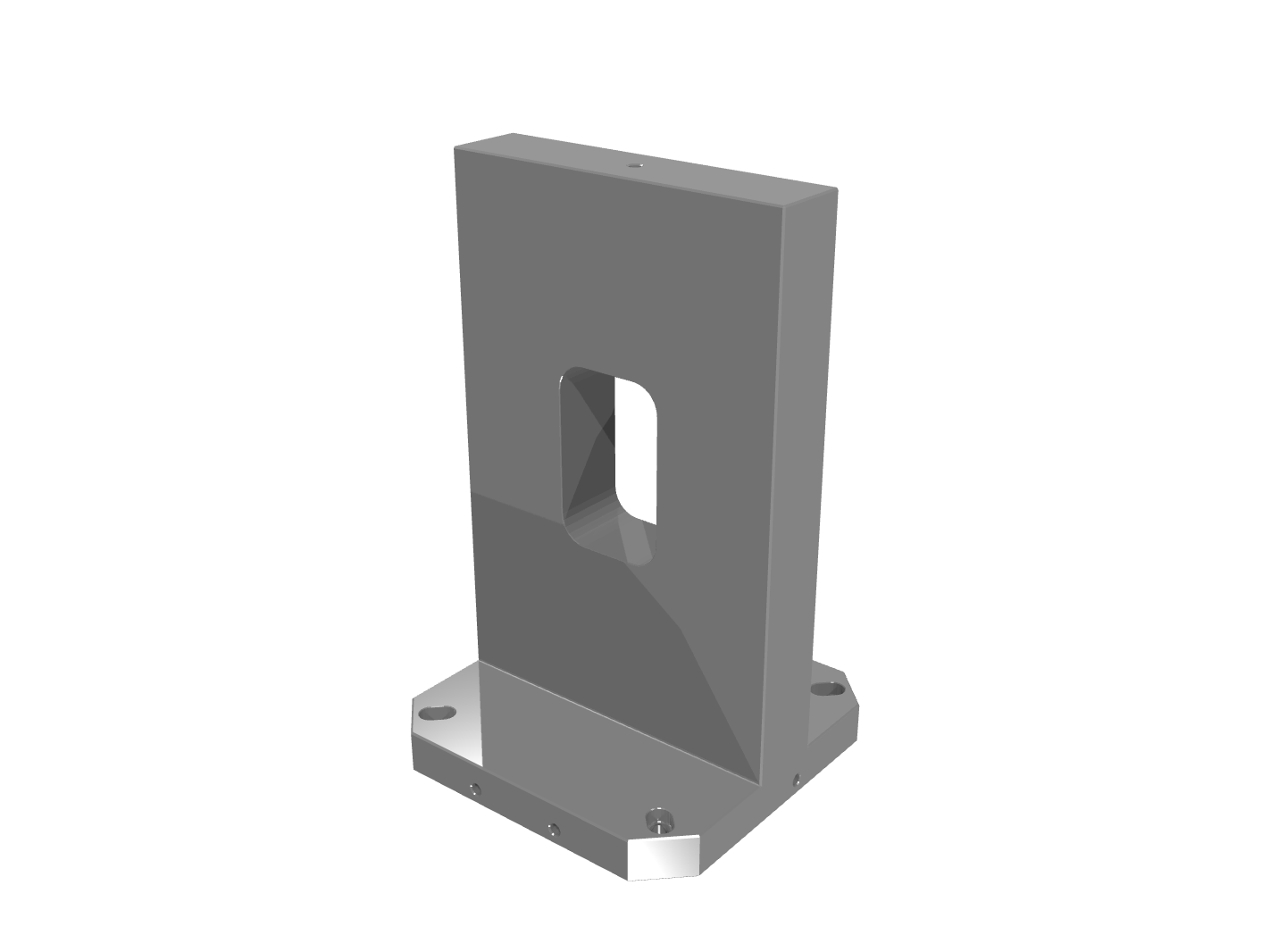 Grey 3D render of a vertical bracket with a central rectangular cutout.