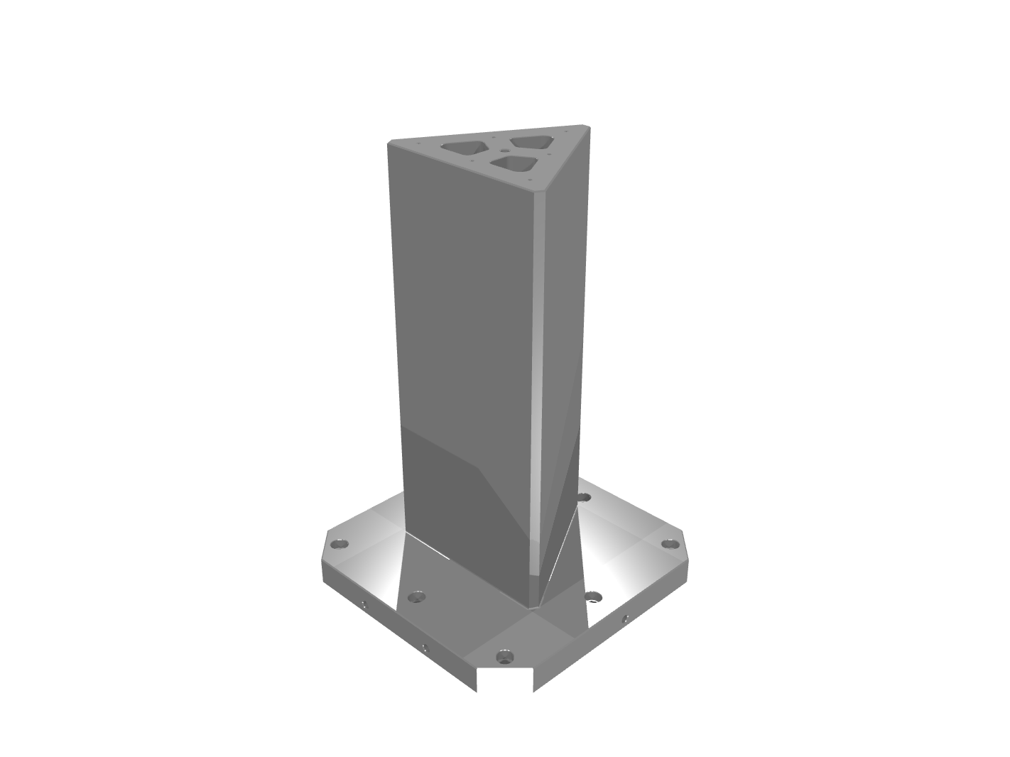 Grey 3D render of a triangular pillar on an octagonal base plate with mounting holes.