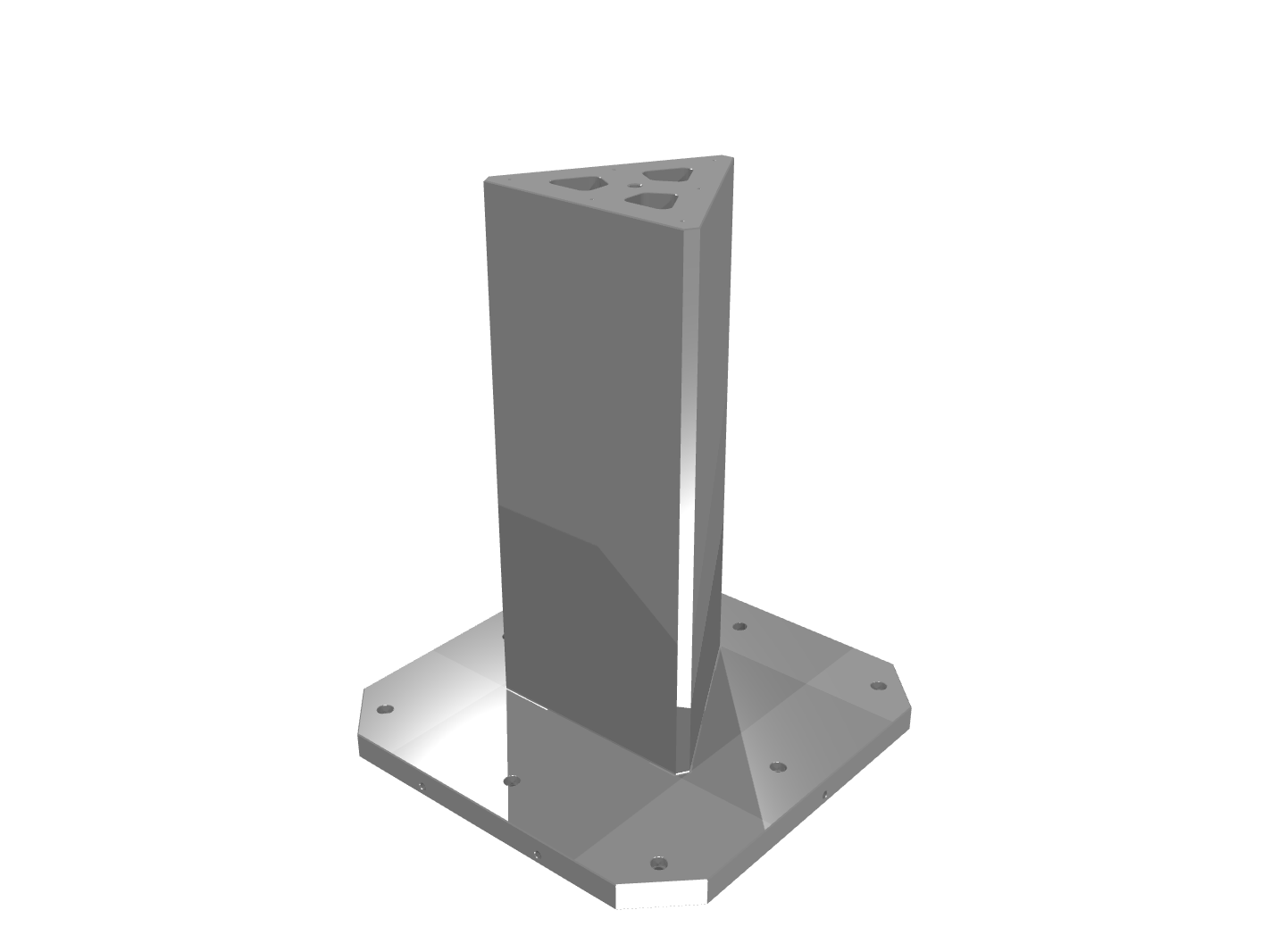 Grey 3D render of a triangular pillar on a flat base plate.