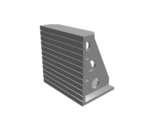CAD model of a gray, ribbed triangular right-angle fixture plate.
