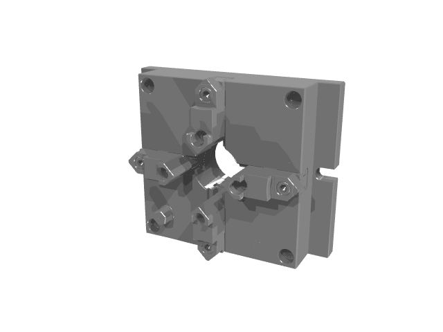 A square gray industrial fixture block with a wide central cutout and clamping hardware.