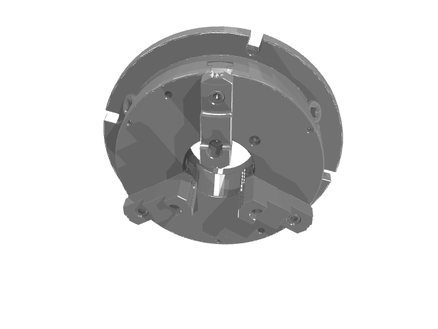 A circular gray industrial lathe chuck with three adjustable jaws.
