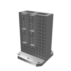 3D CAD model rendering of a dual-sided rectangular grid tombstone block featuring dual vertical modular vise assemblies mounted on a grid face.