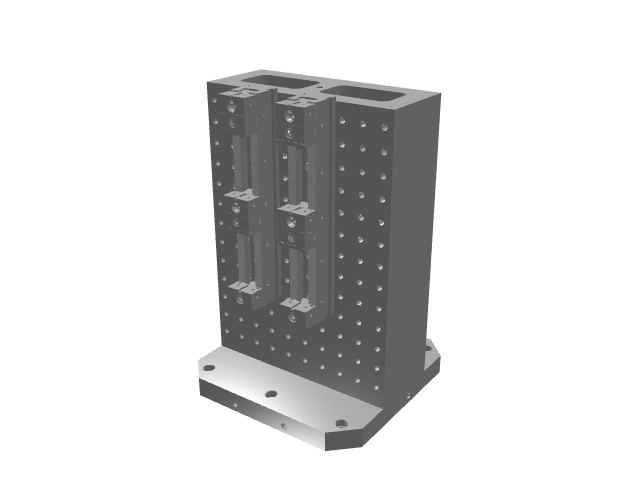 3D CAD model rendering of a dual-sided rectangular grid tombstone block featuring dual vertical modular vise assemblies mounted on a grid face.