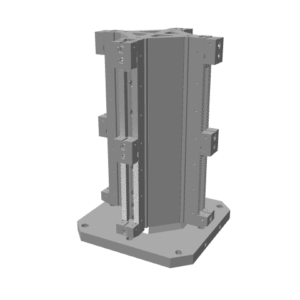 3D CAD rendering of a four-sided vertical machining tombstone tower with integrated clamping block mounts mounted on a square base plate.