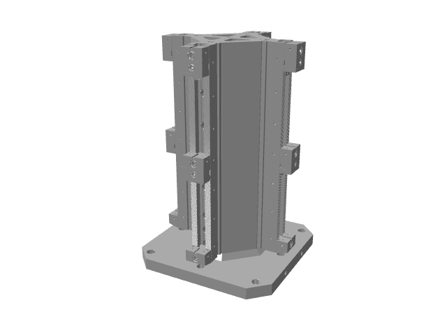 3D CAD rendering of a four-sided vertical machining tombstone tower with integrated clamping block mounts mounted on a square base plate.