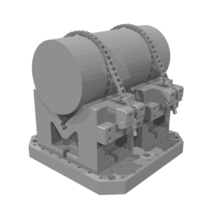 3D model rendering of a heavy-duty metallic V-block fixture holding a thick cylindrical workpiece with double roller chain clamps.