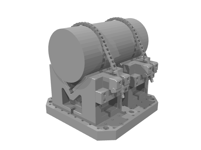 3D model rendering of a heavy-duty metallic V-block fixture holding a thick cylindrical workpiece with double roller chain clamps.
