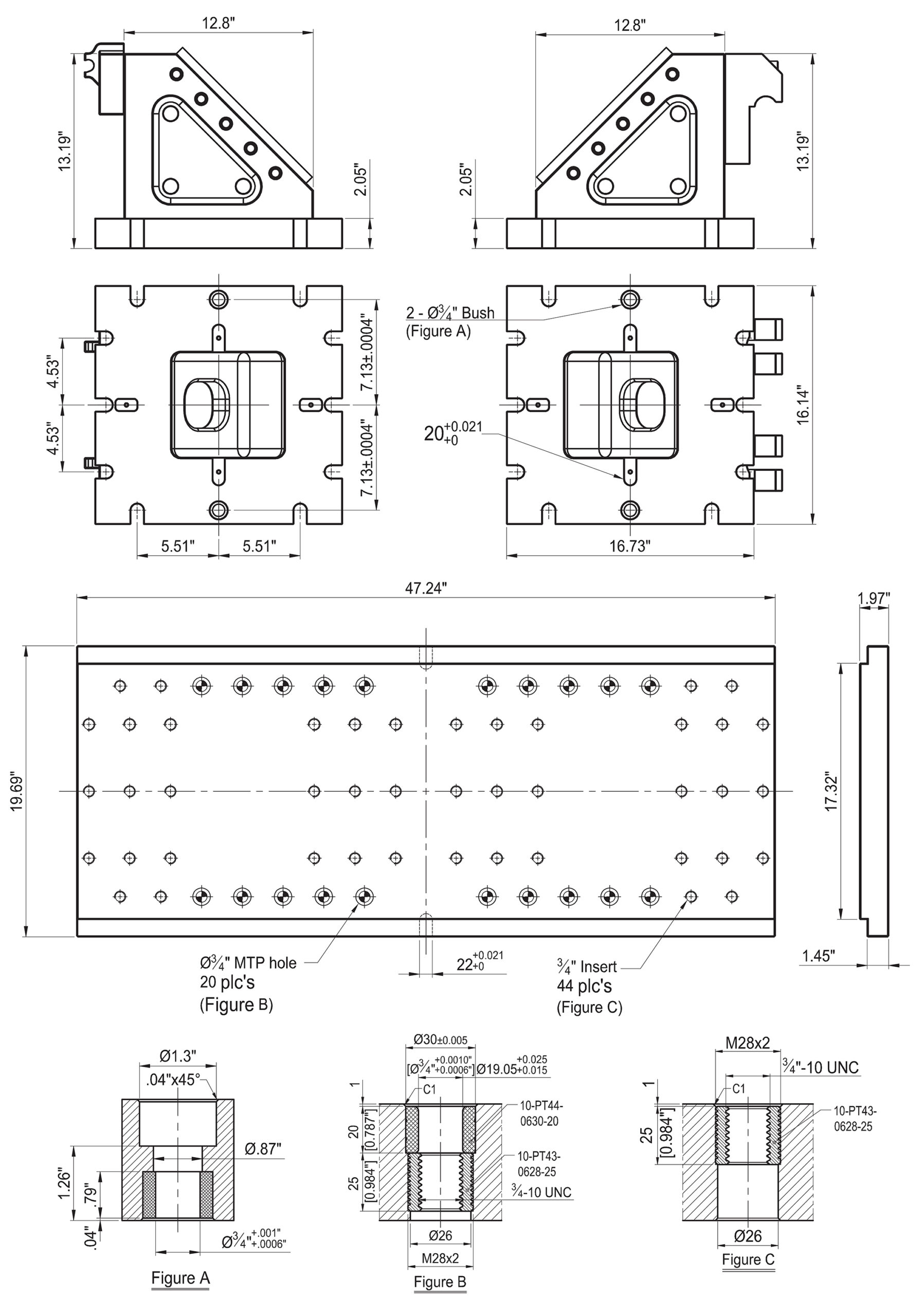 BP40-VXL A technical engineering blueprint drawing showing dimensional views and cross-sections of a modular tooling fixture or base plate assembly.