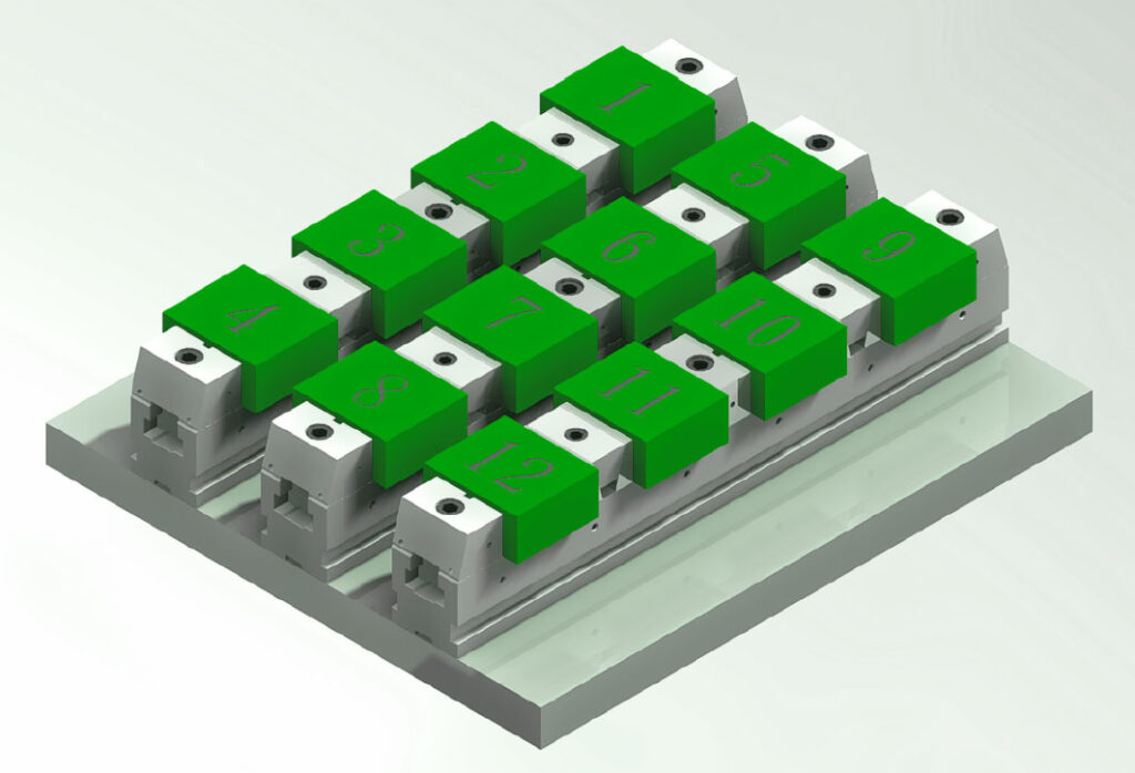 An isometric product diagram showing three parallel industrial multi-station vise rails mounted on a gray base plate.